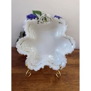 Antique Victorian Milk Glass Bowl – Ruffled Edge with Gold Trim‎ Vintage Decor